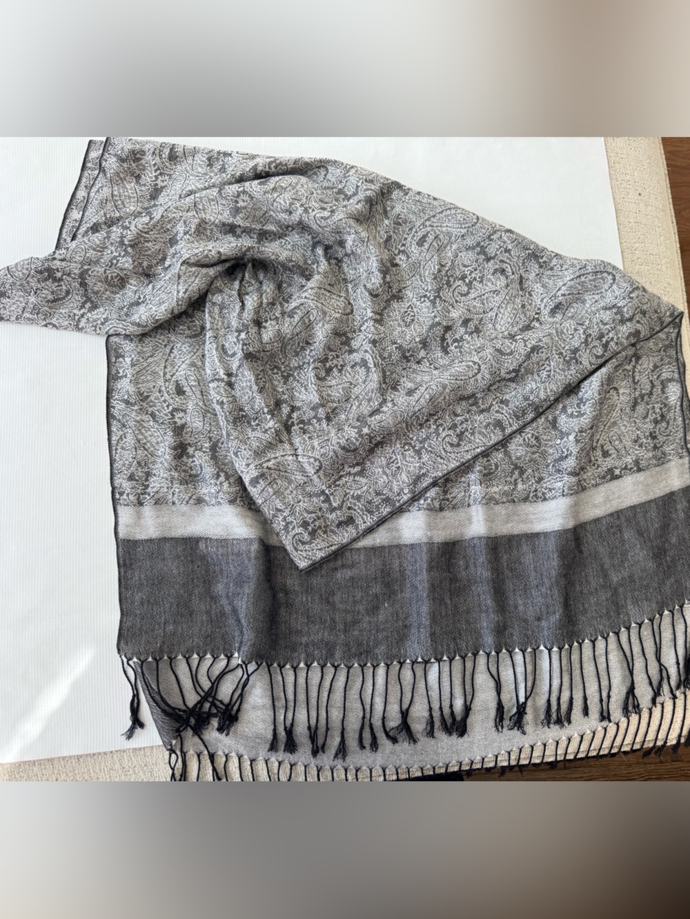 Womens Gray Paisley Fringe Shawl Scarf Wrap